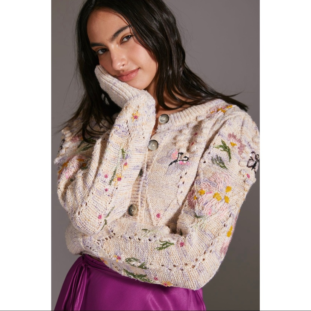 Anthropologie Cream Floral Sweater